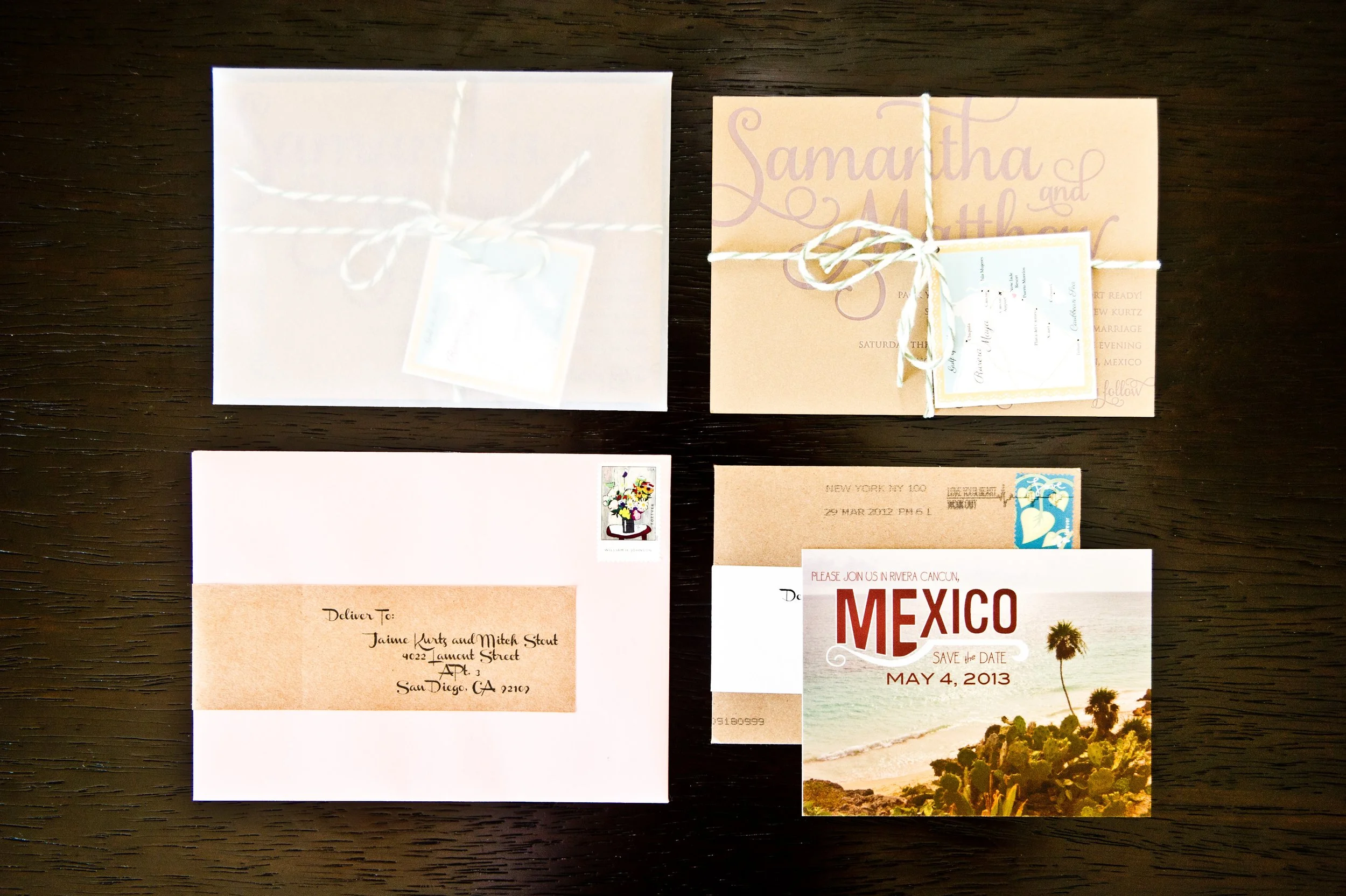 Collection of wedding or event invitations and cards, including a 'Save the Date' card for a wedding in Mexico on May 4, 2013, with a beach scene, postcards, and handwritten notes.