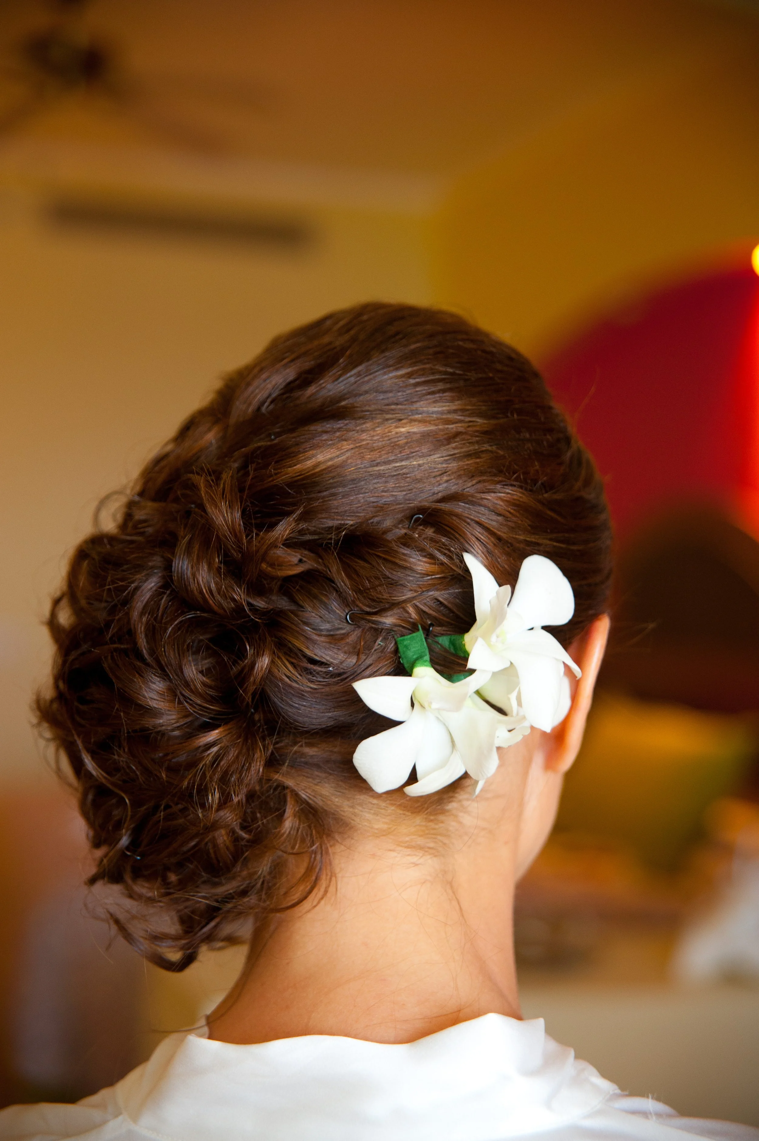 Back of woman's head with braided brown hair decorated with white orchids, wearing a white garment.
