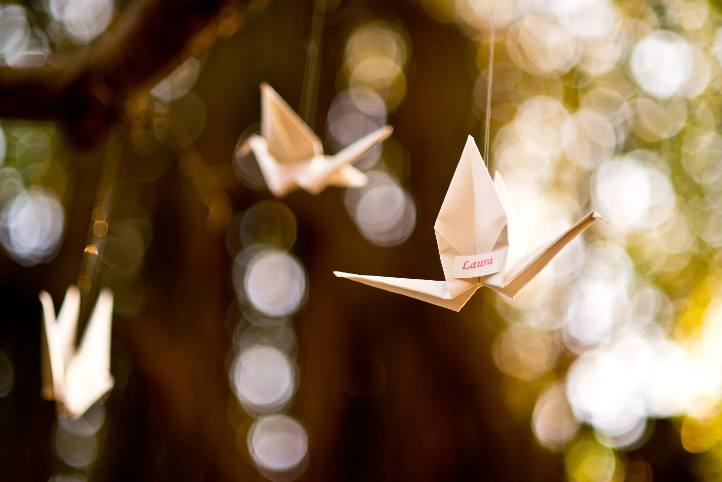 Origami paper crane hanging on a string with a label that says 'Laura' against a background of bokeh lights.