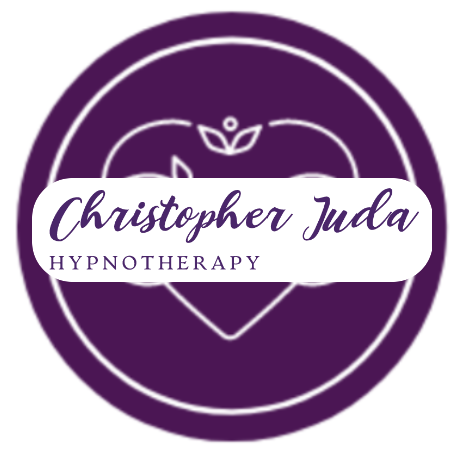 Logo for Christopher Juda Hypnotherapy featuring a purple circular design with a heart and plant symbol and the text 'Christopher Juda Hypnotherapy' in script and uppercase fonts.