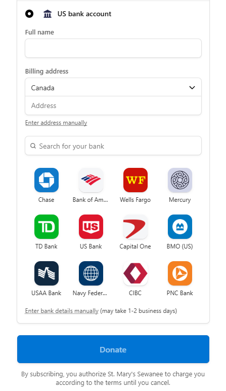 Screenshot of Stripe ACH Bank acounts