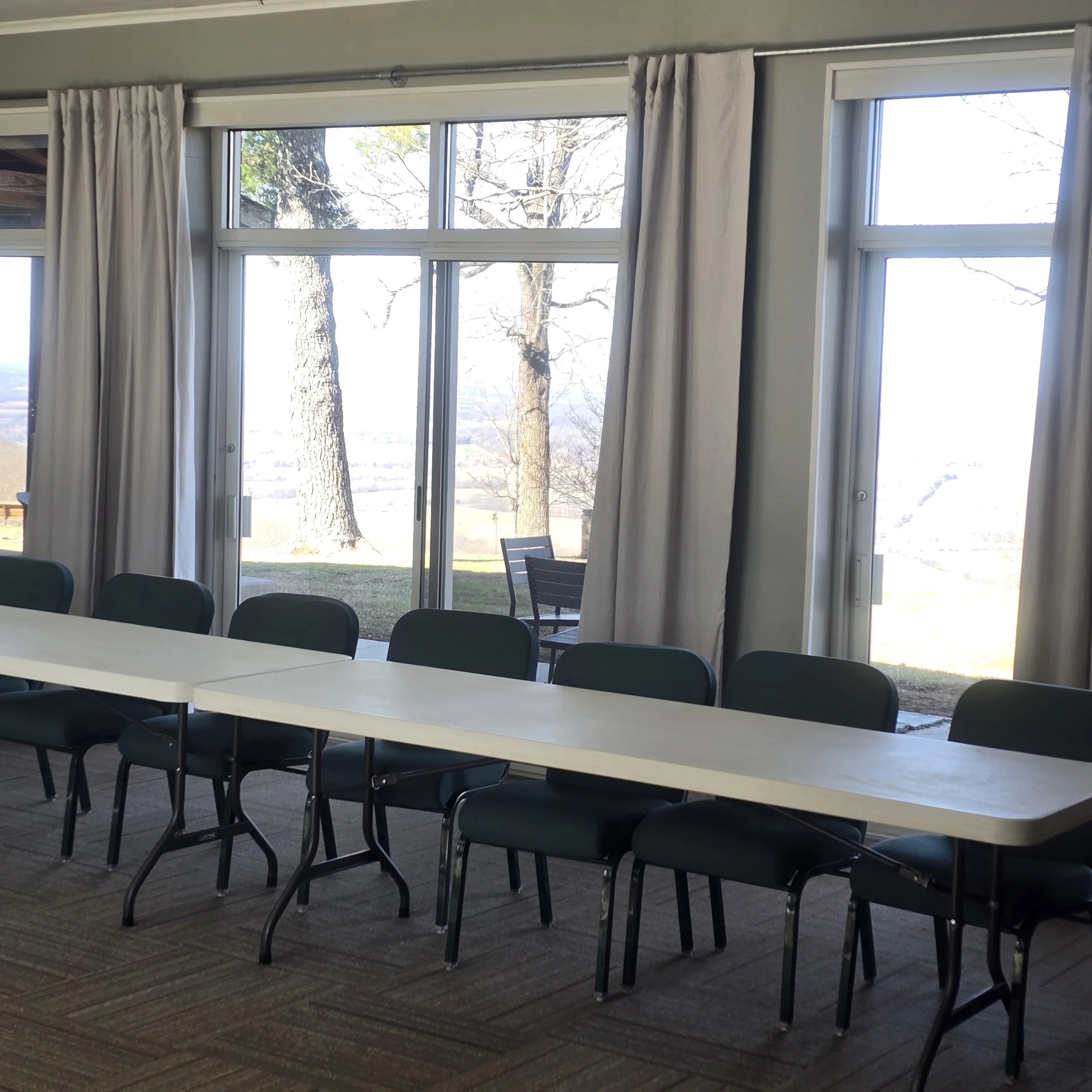 Room with large windows and curtains, a long table with chairs, and outdoor trees visible through the windows.