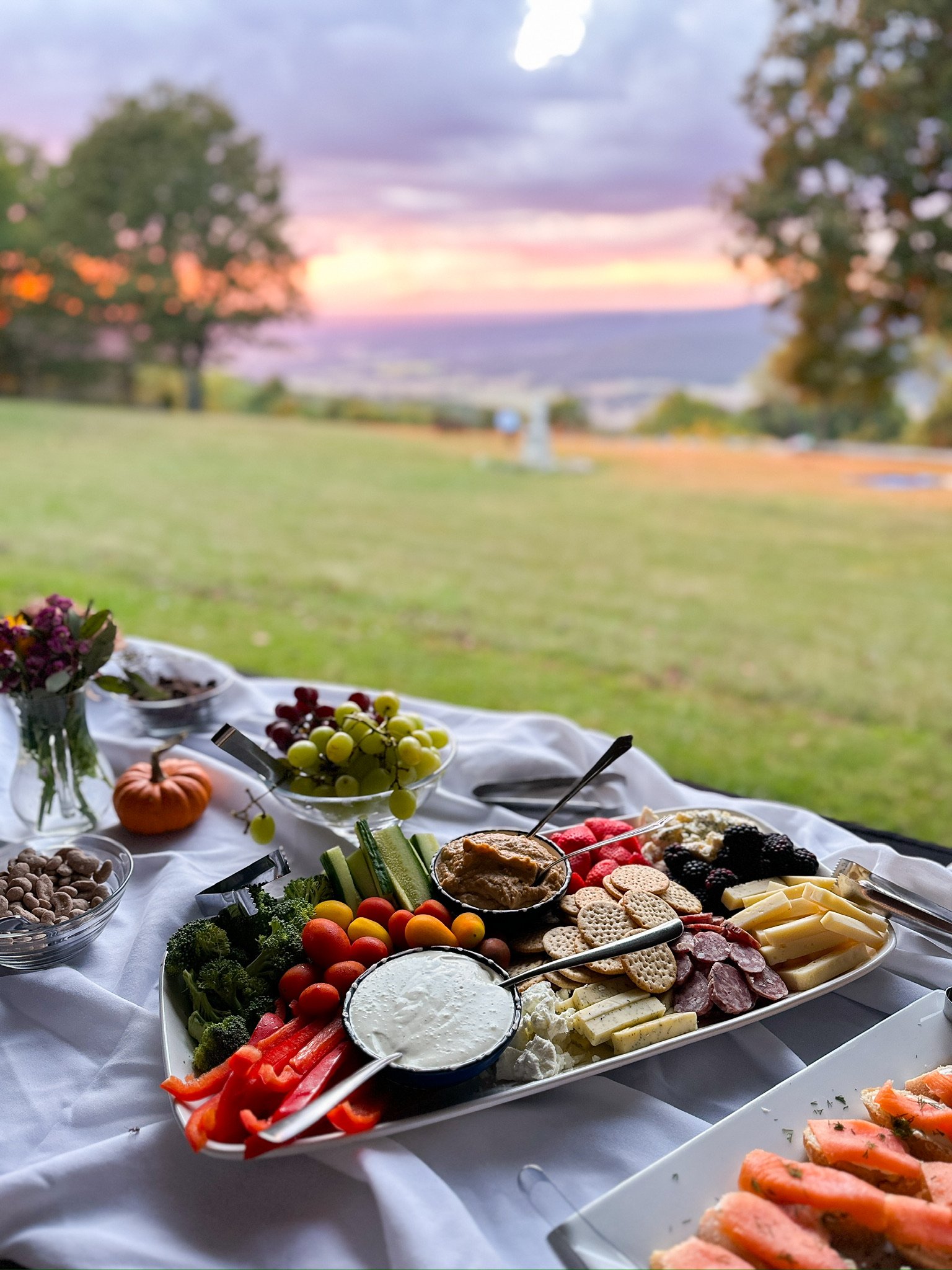 A table with a variety of foods including grapes, cherry tomatoes, sliced vegetables, cheese, crackers, and meats, set outdoors with a scenic view of trees and a sunset in the background.