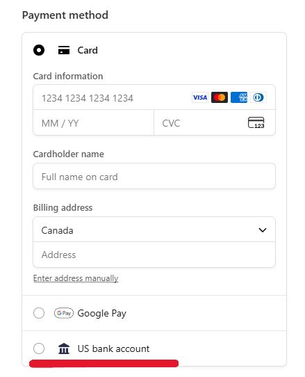 Screenshot of payment method selection in Stripe with US Bank account underlined in red