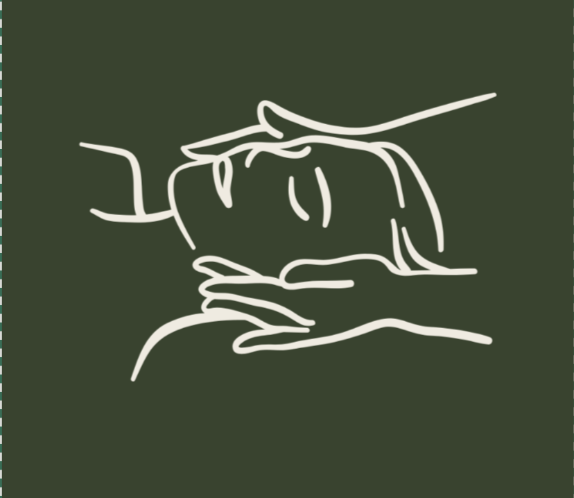 Line drawing of two hands, one reaching to touch or hold the other, on a dark green background.