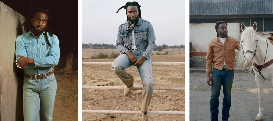 Three men in different outdoor settings: one leaning against a wall, one sitting on a barrier in a field, and one standing with a horse in a stable yard.