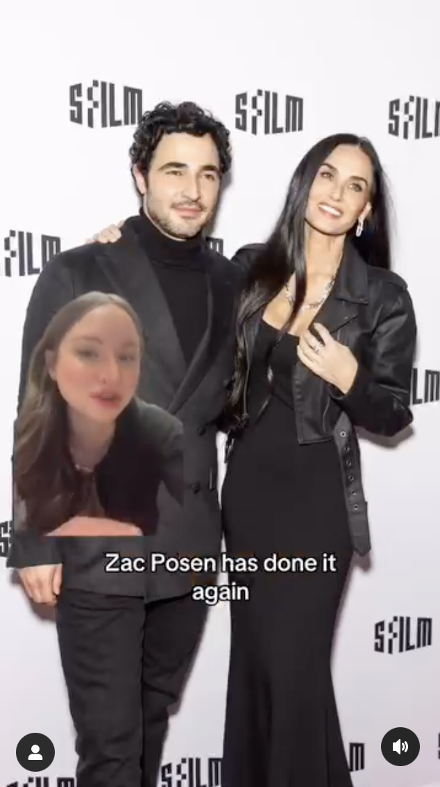 Three people posing at the SAILM event, two standing together and one person with a distorted face in the foreground, with the caption "Zac Posen has done it again."