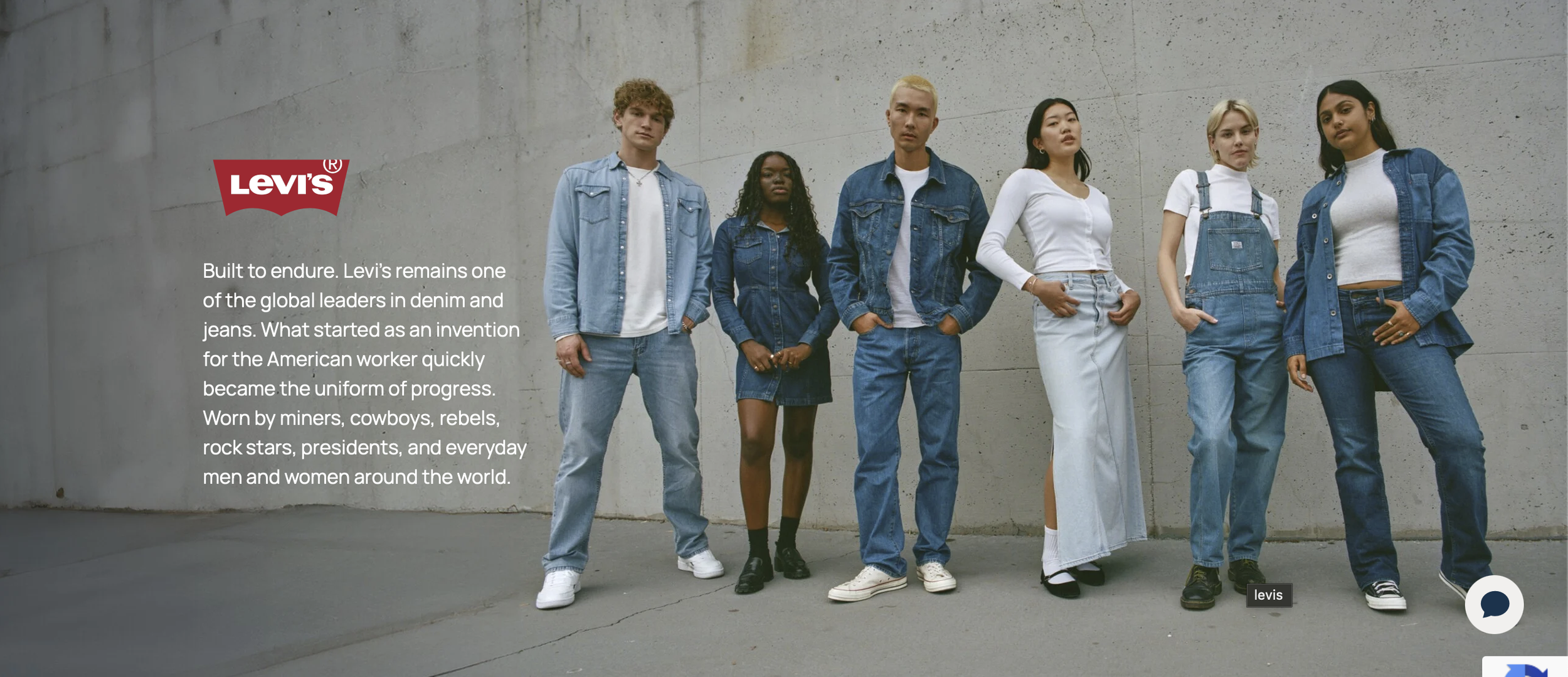 Group of six diverse young people standing against a concrete wall, wearing Levi's denim clothing, with text about Levi's history and appeal.
