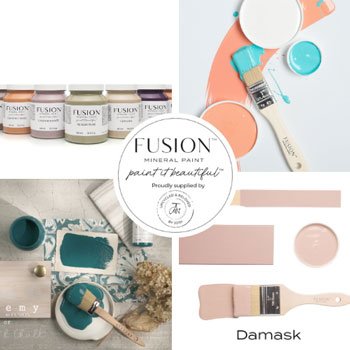 Image showing the Fusion Mineral Paint supplied by Upcycled and Reloved by Jodi in the centre surrounded by a range of colours that range form darks, vibrant brights and soft pastels that are available to buy in The Stockroom Shop