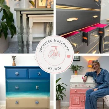 Image showing the Upcycled and Reloved logo in the centre surrounded by images of wooden recycled side tables, chest of drawers and a vintage secretary desk with Jodi sitting and smiling.