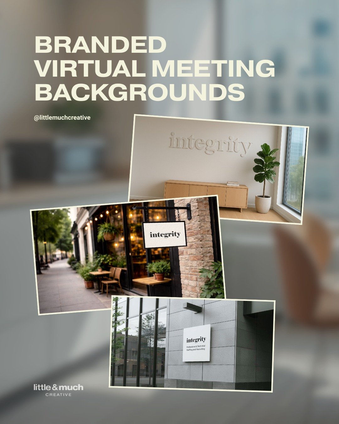 When your team is fully remote, your Zoom background becomes part of your brand. Check out this collection of indoor/outdoor settings designed for Integrity Consulting.

They asked for:
~ Coffee shop vibes
~ A breakroom setting
~ A few outdoor shots 