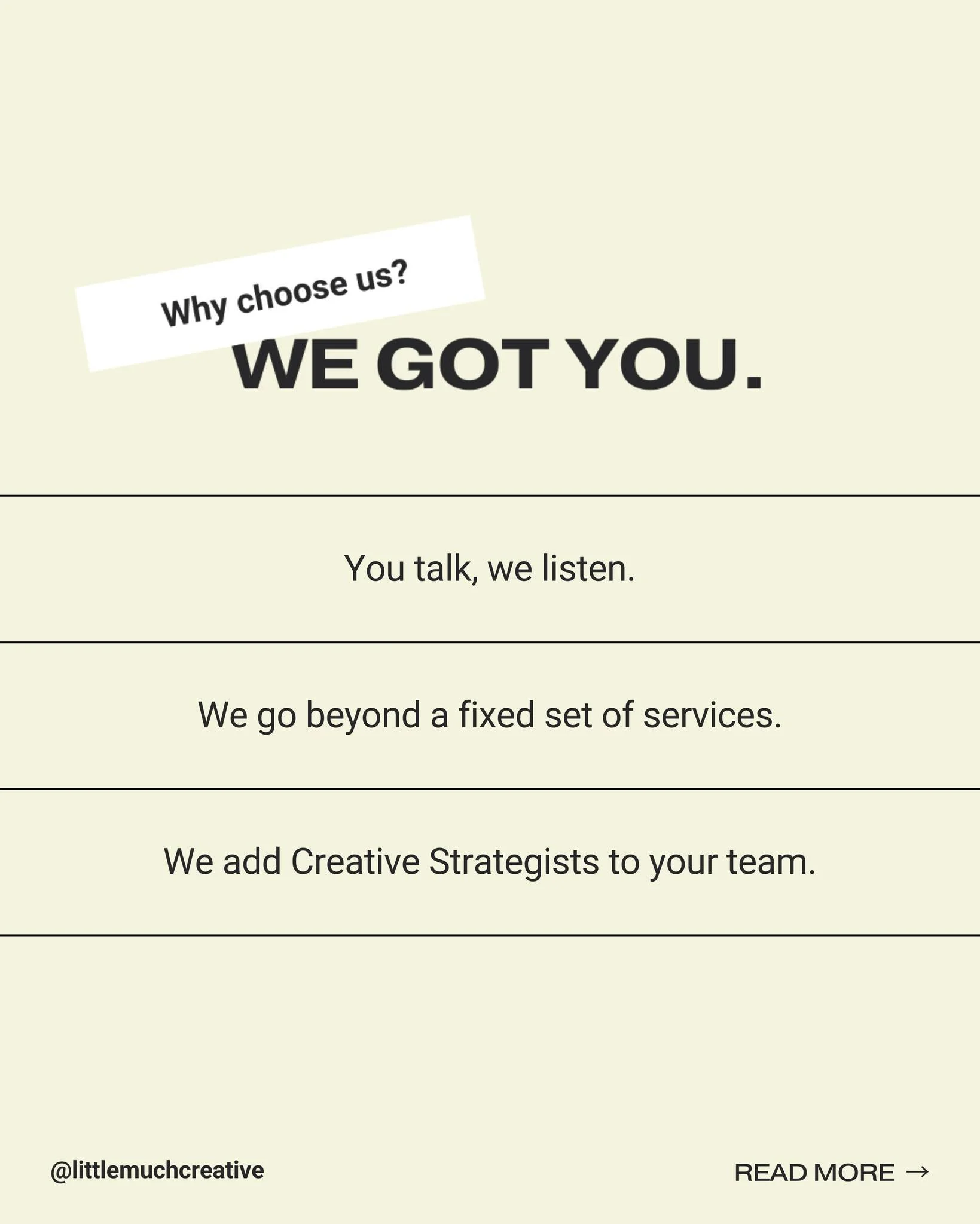 We organize the chaos, clear the noise, and turn ideas into action. Your ideal creative partnership 🤝🤞👏

The results:
&bull; Your brand truly stands out
&bull; Your audience gets you at first touchpoint
&bull; Your sales increase
&bull; Your clien