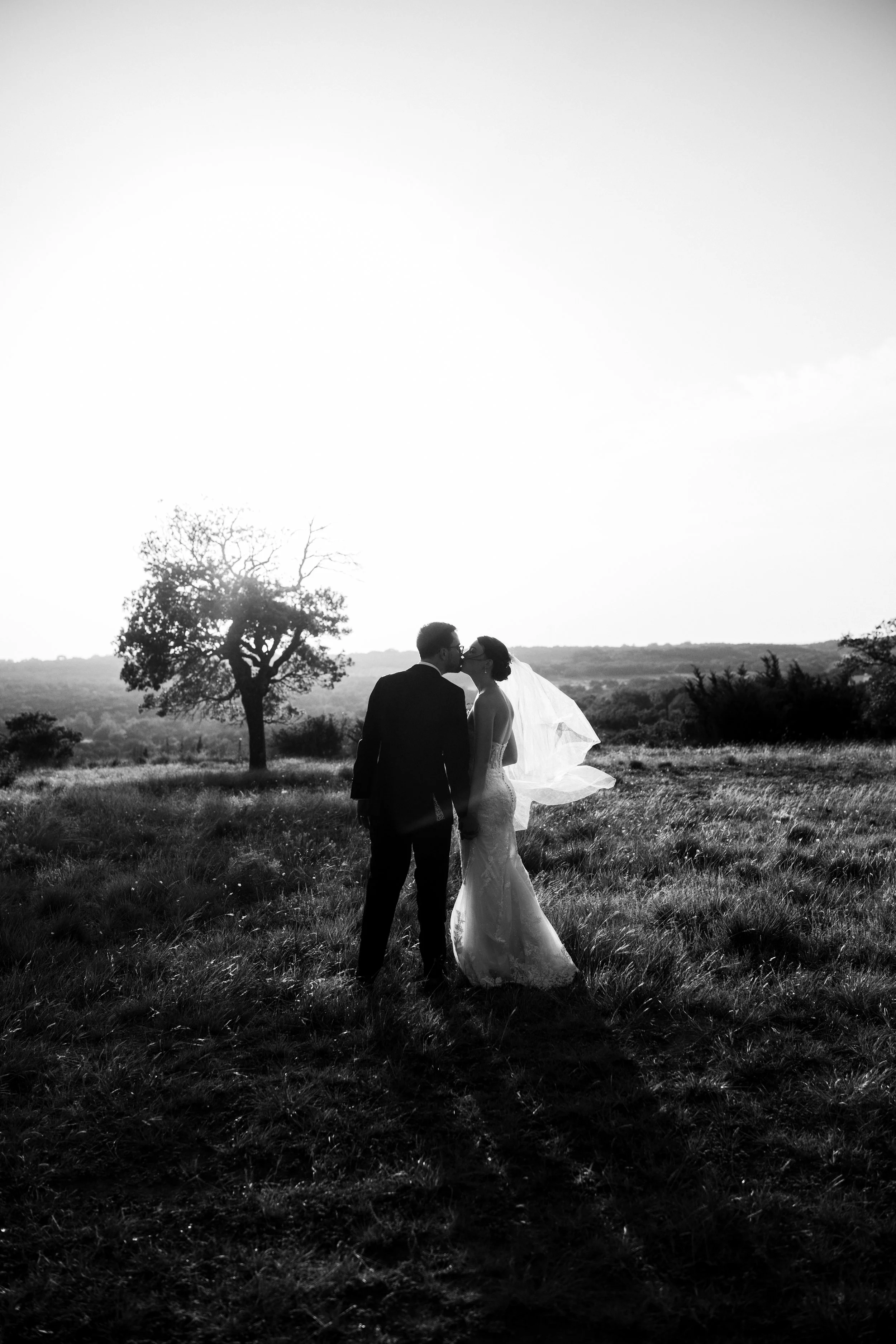 A black and white photo of a bride and groom kissing in a grassy field during sunset, with a tree and distant landscape in the background.