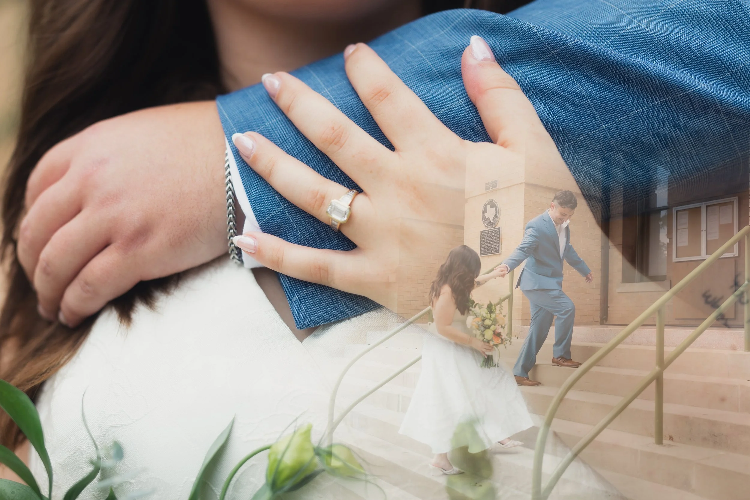 Close-up of a woman with a diamond ring on her finger hugging someone, with a wedding scene superimposed in the background showing a bride in a white dress and a groom in a blue suit helping each other up stairs outside a building.