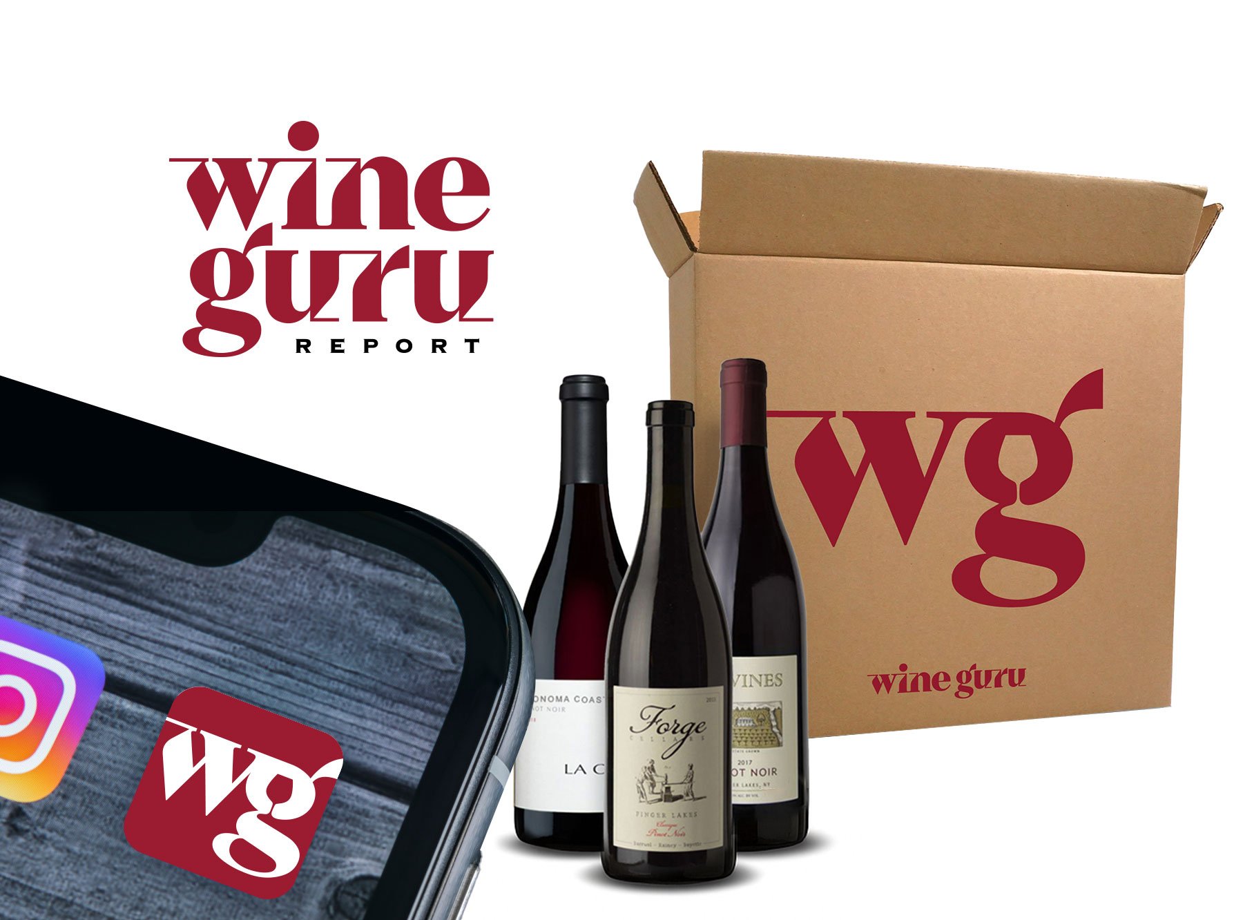 Logo design and 360 branding for Wine Guru, a wine concierge newsletter, wine rating app and curated monthly wine box.