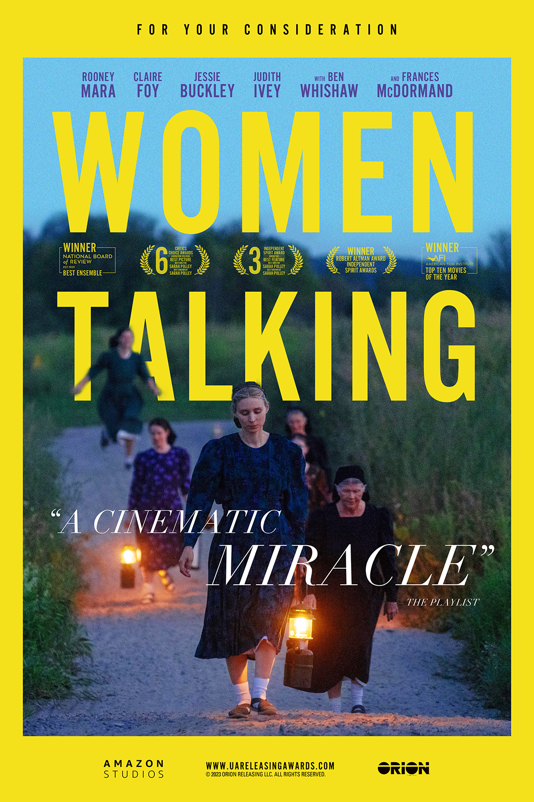 Poster for the movie "Women Talking" featuring women walking on a rural trail at dusk, holding lanterns. The poster has a yellow border with blue and white text highlighting awards and positive reviews.
