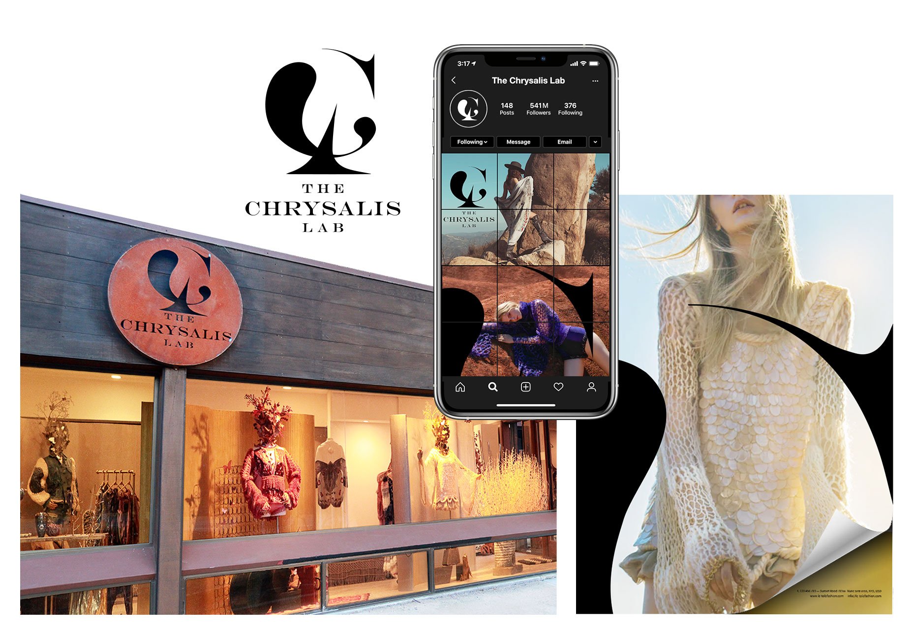 Logo design and 360 branding for The Chrysalis Lab, an upcycling fashion label and style lab.