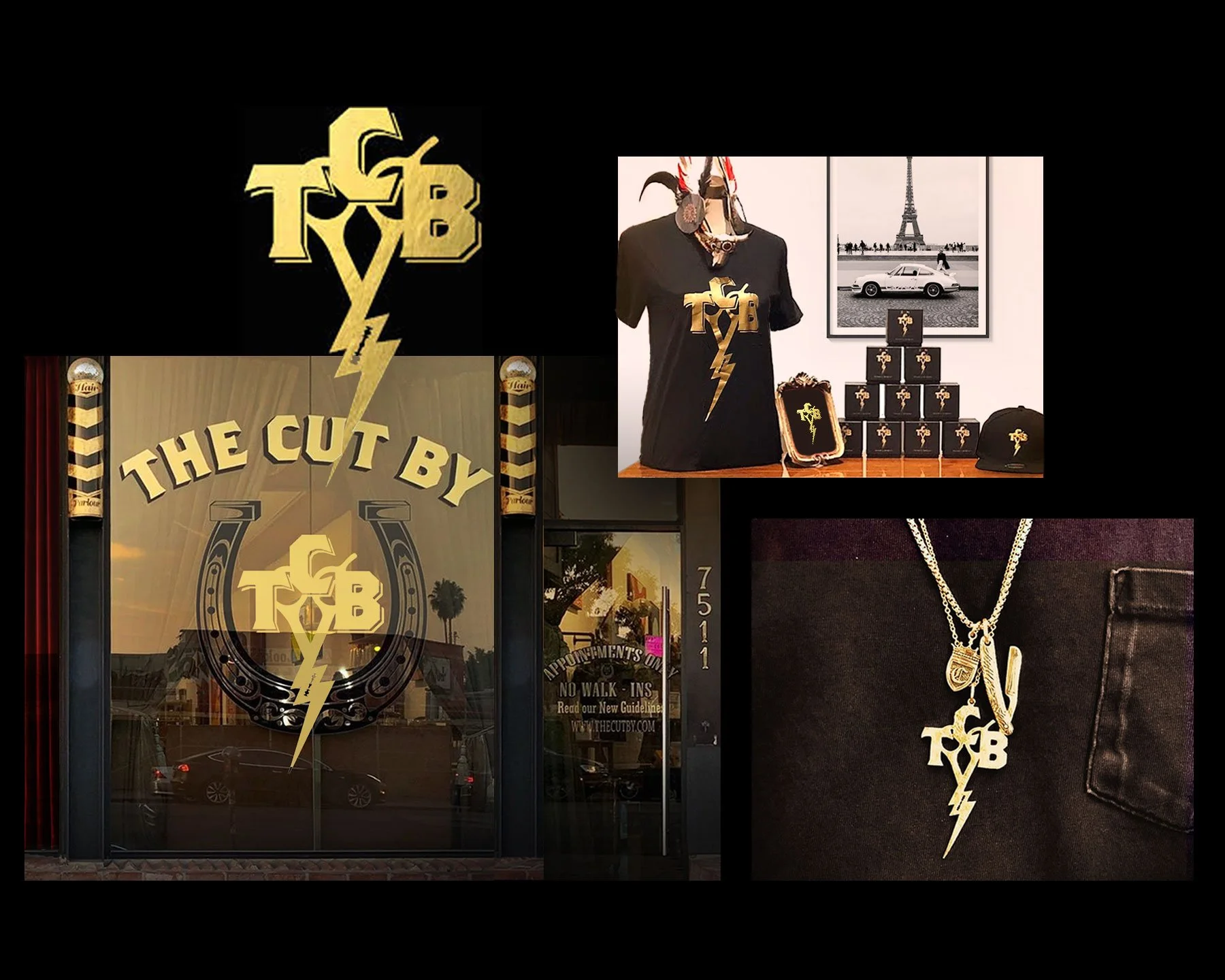 Brand identity & logo design, signage and merchandise for The Cut By, a rock & roll barbershop on Sunset Blvd.