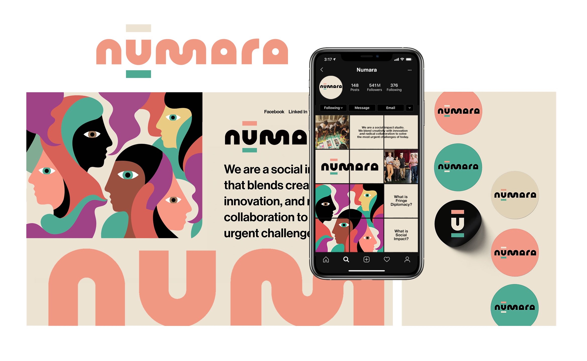 Logo design, illustration and 360 branding for Numara, a social impact studio galvanizing global change.