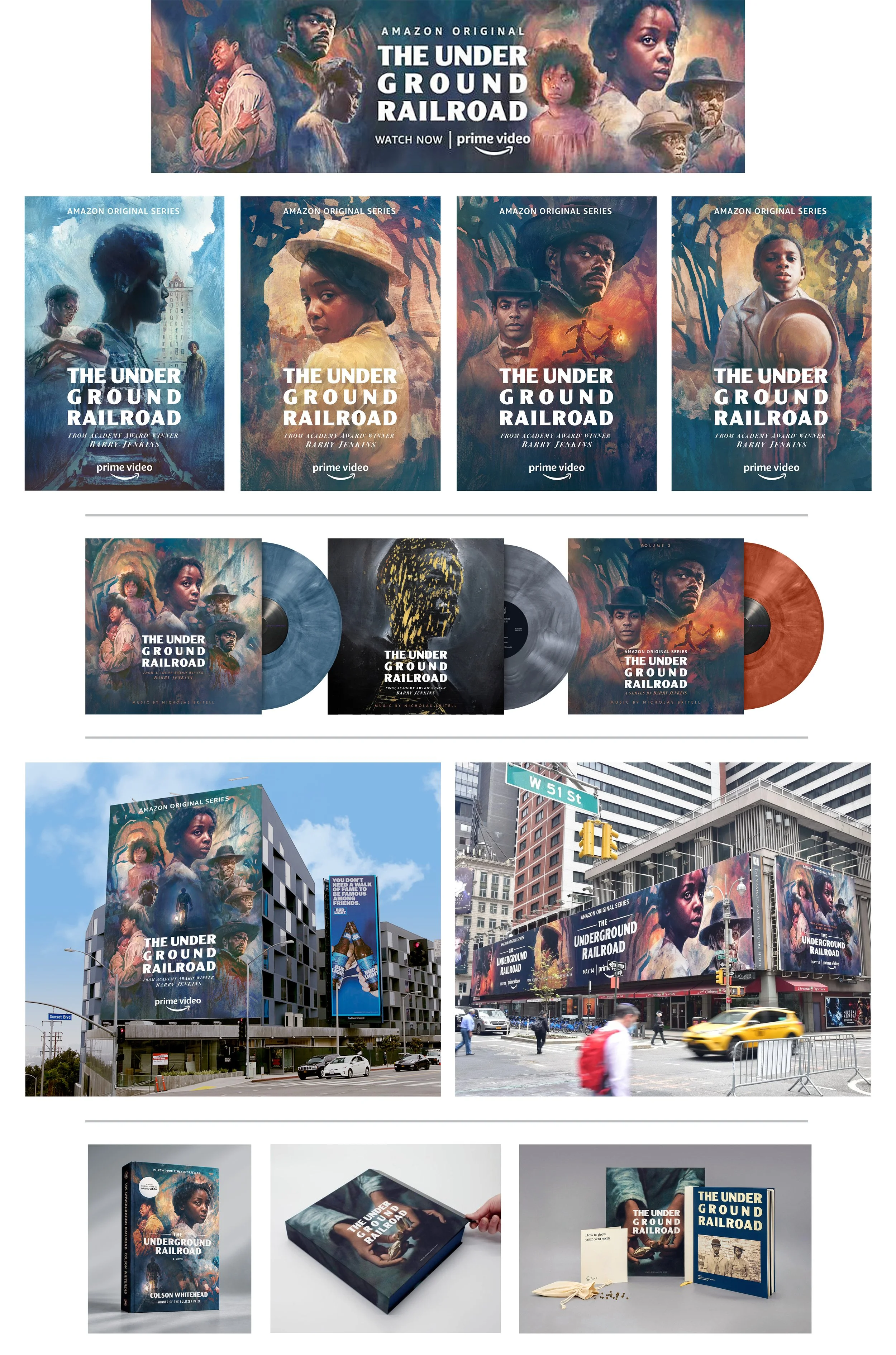 The Underground Railroad — 360° advertising campaign spanning print, out-of-home & digital key art, book and soundtrack packaging, and FYC promotional media.