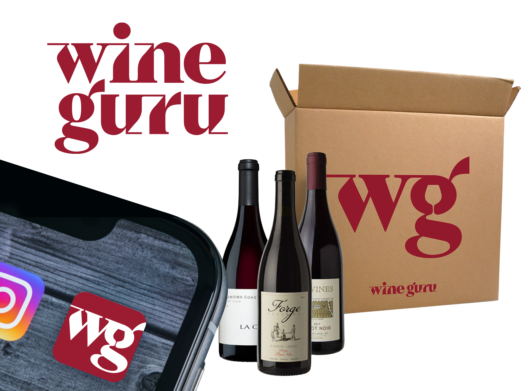 Logo design and branding for Wine Guru, a wine concierge newsletter, wine rating app and curated monthly wine box.