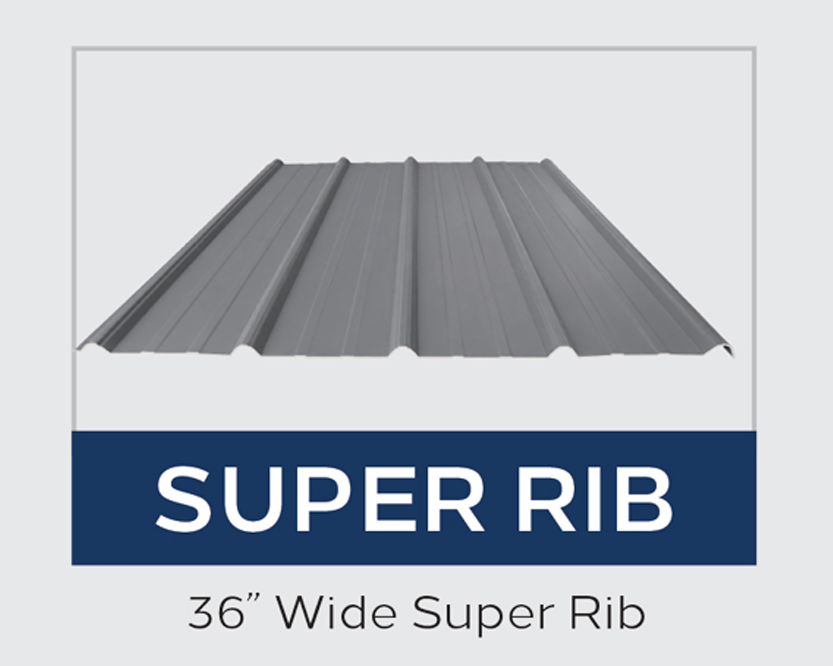 36" wide Super Rib metal panel profile for metal roofing and siding.