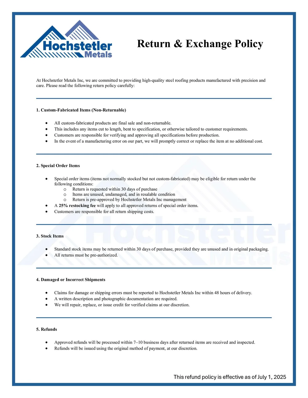 Sample Exchange Policy Return Policy | Shop Confidently, Return Easily — Hochstetler Metals