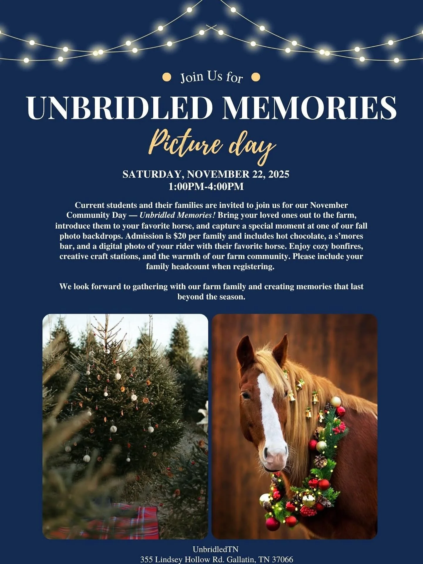📸✨ Current students and their families are invited to join us for our November Community Day &mdash; *Unbridled Memories!*

Bring your loved ones out to the farm, introduce them to your favorite horse, and capture a keepsake photo at one of our cozy