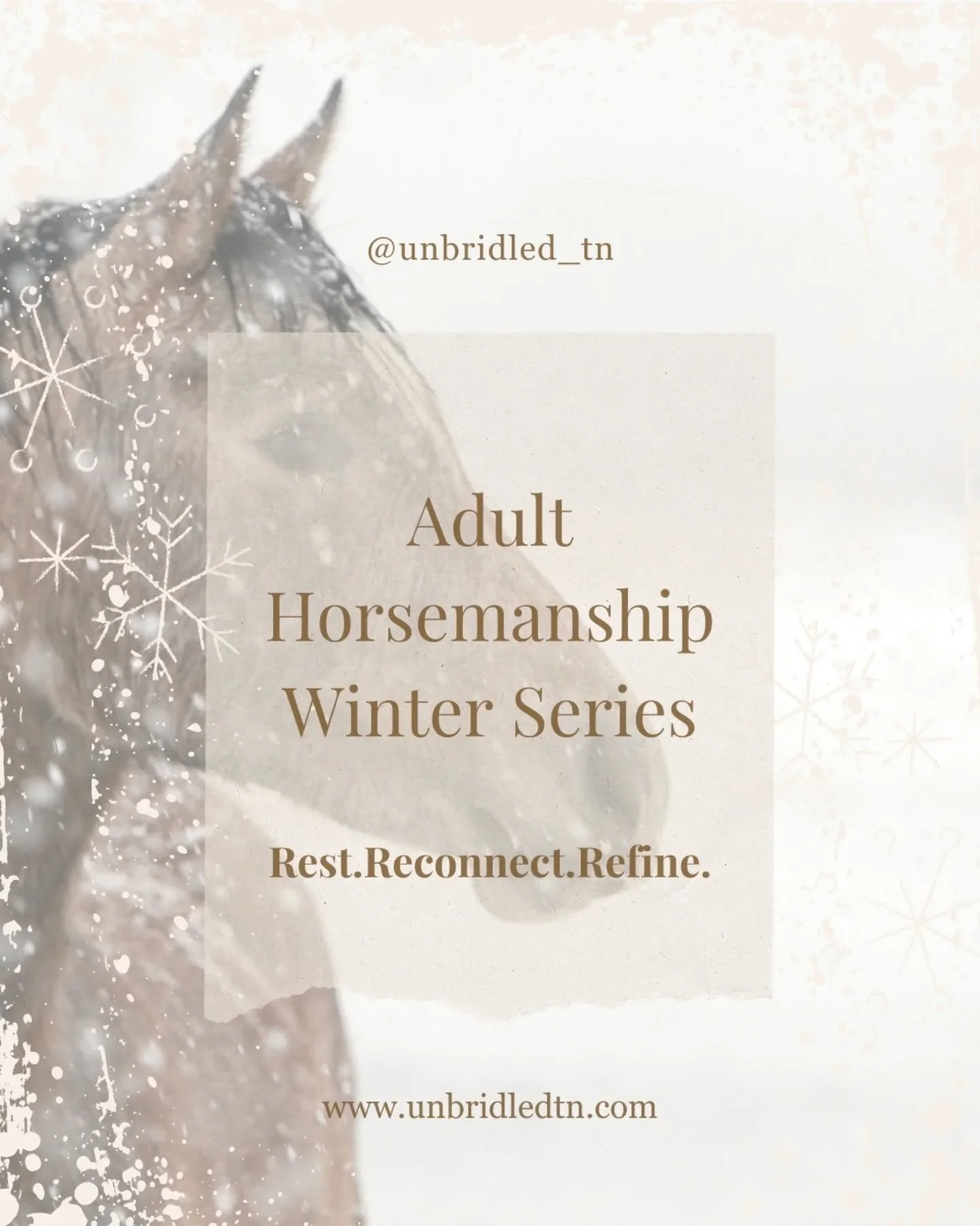 ❄️ Step into stillness this winter at UnbridledTN. Our adult programs are designed to nurture connection, mindfulness, and faith through horsemanship.

🐴 Stillness in Motion &ndash; December 6, 13, 20 | 10&ndash;11:30 AM | Mindful liberty sessions t