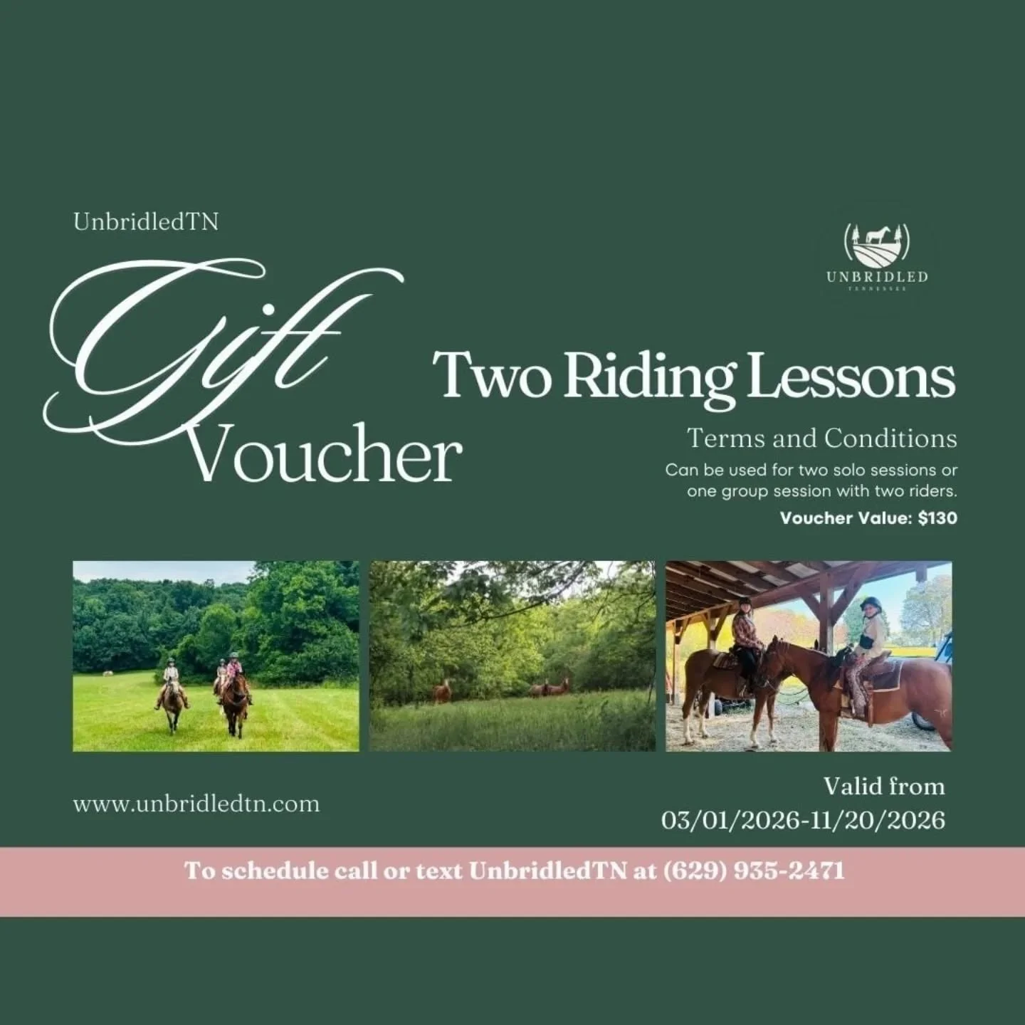 An Elevated Experience Gift 🐎
For those who value presence over possessions.

Our Riding Lesson Gift Voucher offers a thoughtfully curated equestrian experience, redeemable March 1 &ndash; November 20, 2026, and designed with flexibility and intenti