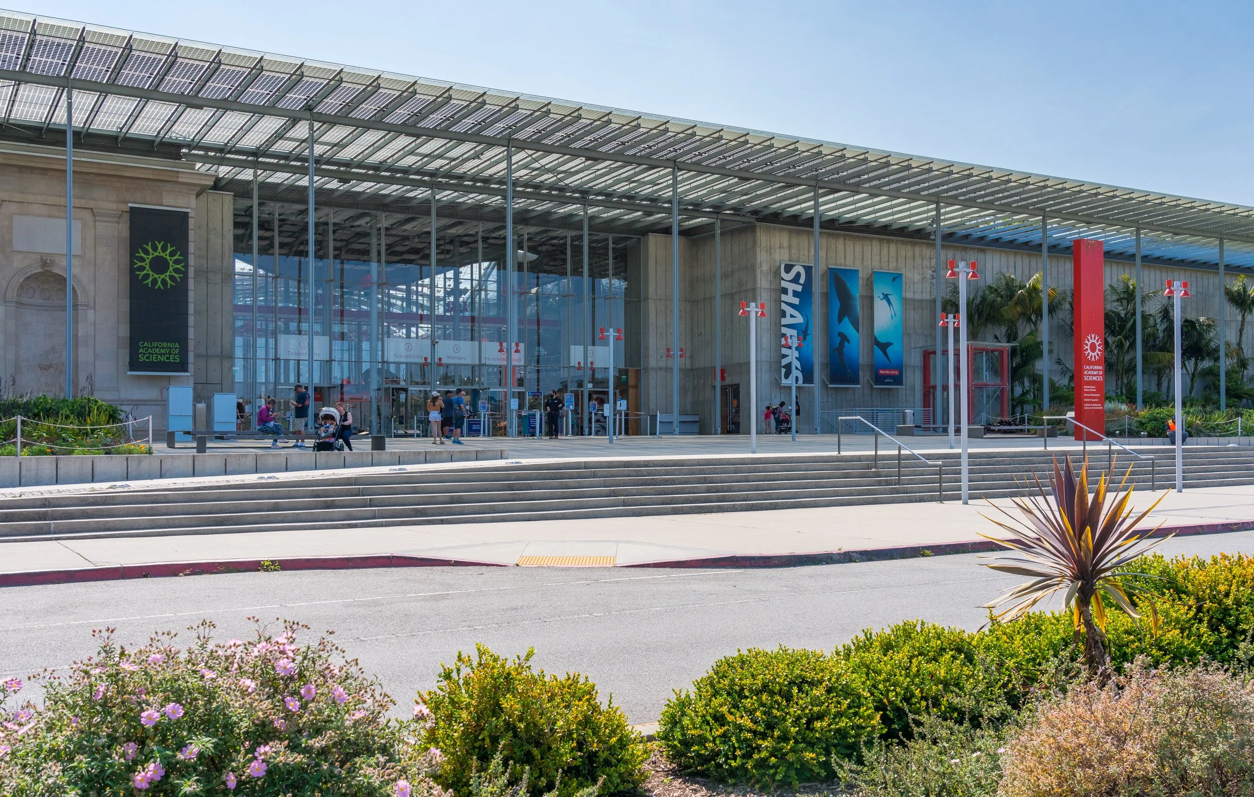 Exterior of the California Academy of Sciences with people entering and colorful signage.