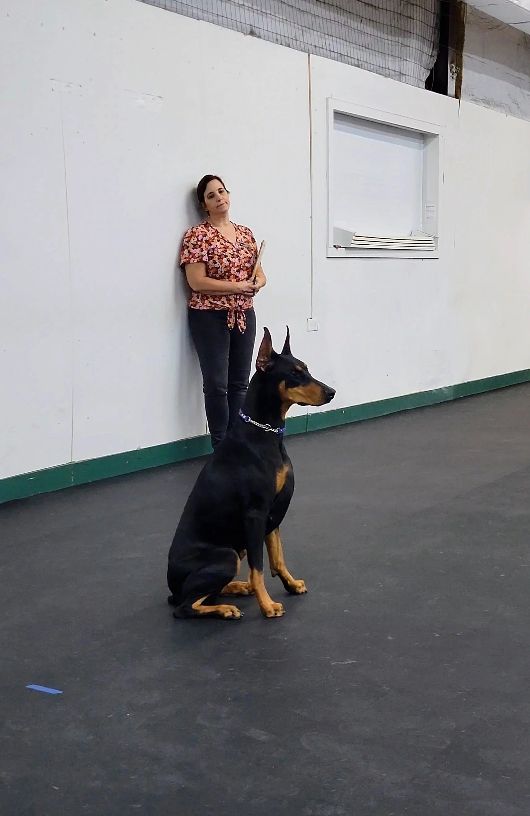 A woman leaning against a wall holding a clipboard, with a Doberman sitting on a black floor in front of her.