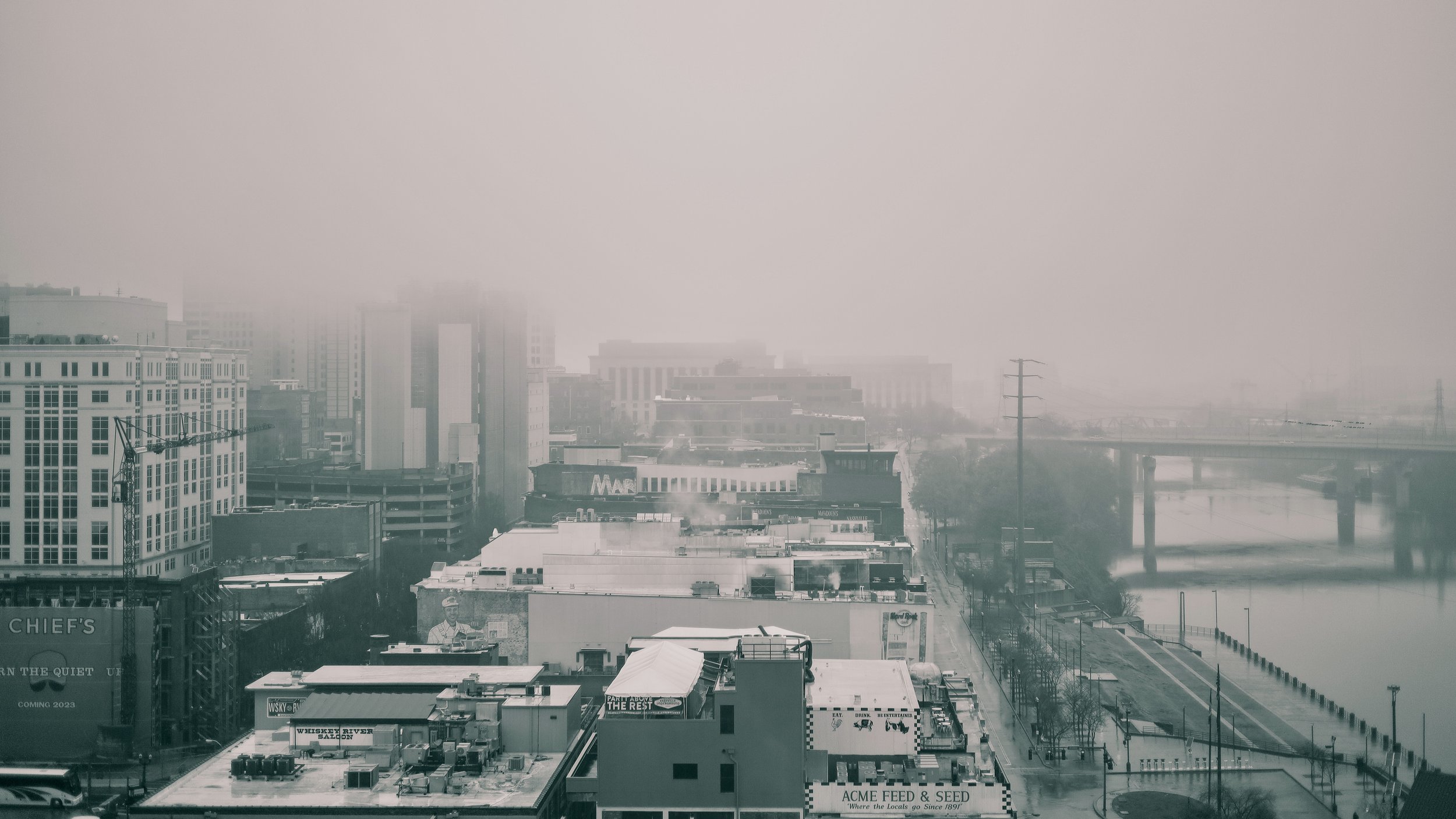 A misty morning blanketing the city in fog