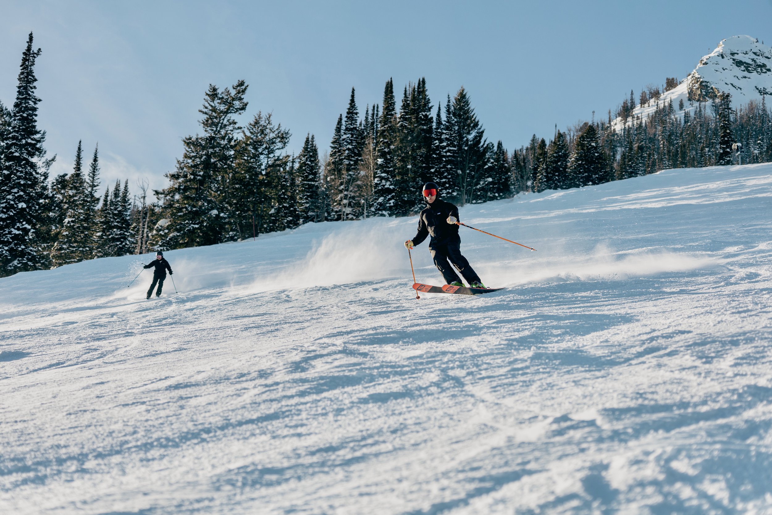 A Skier gliding on the fresh fallen snow