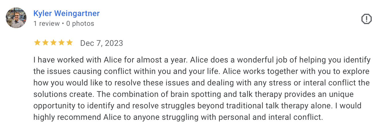 Screenshot of a Google review for a therapist named Alice, dated December 7, 2023, with five-star rating, praising her helpfulness in conflict resolution and stress management.