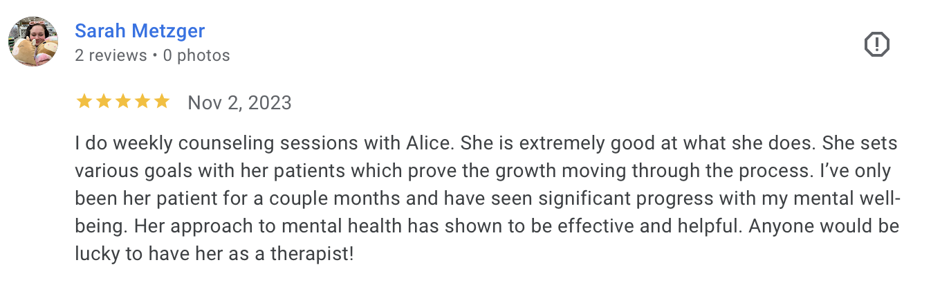 Online review with five stars for mental health counseling.