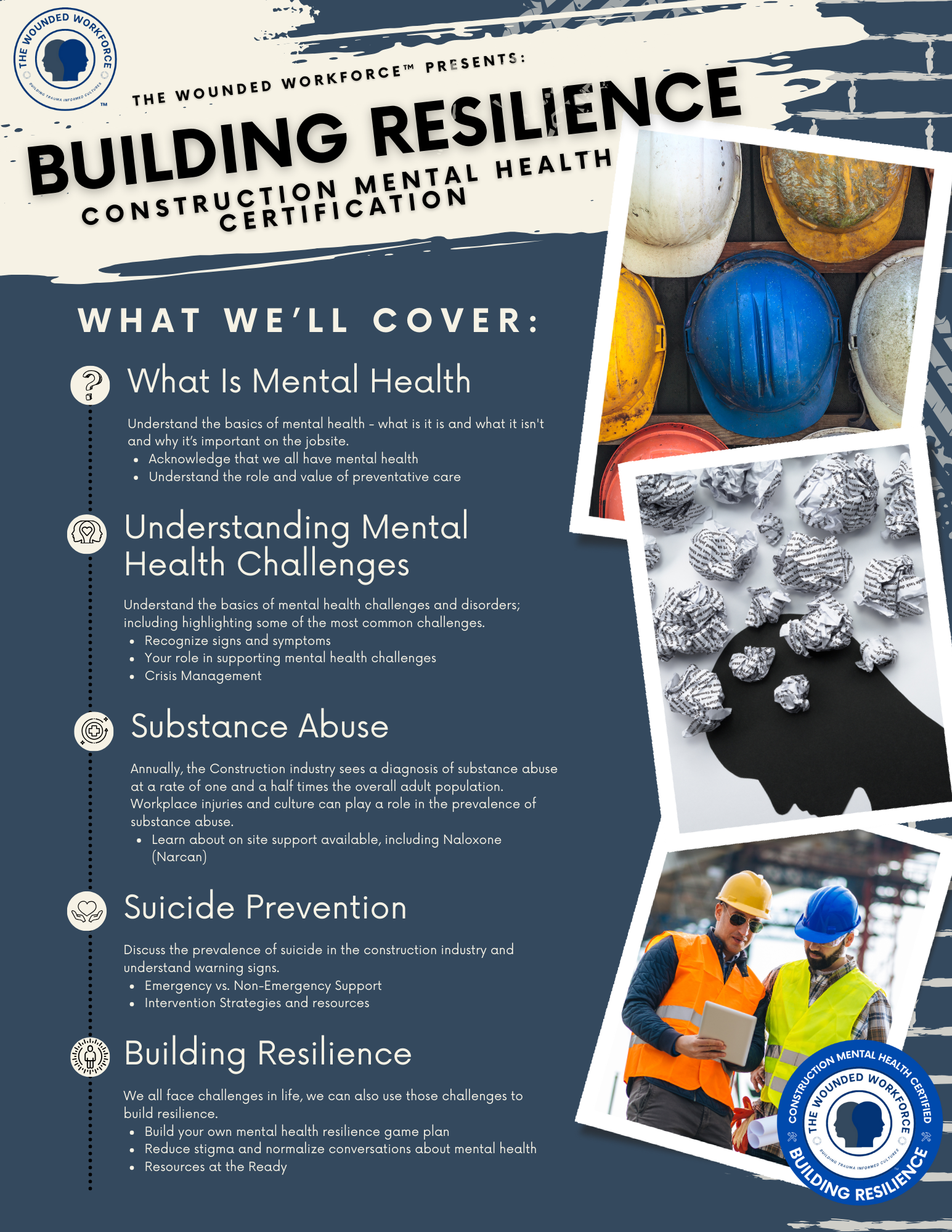 Poster titled 'Building Resilience' promoting construction mental health certification, featuring images of construction helmets, crumpled paper, and two construction workers wearing safety gear discussing.