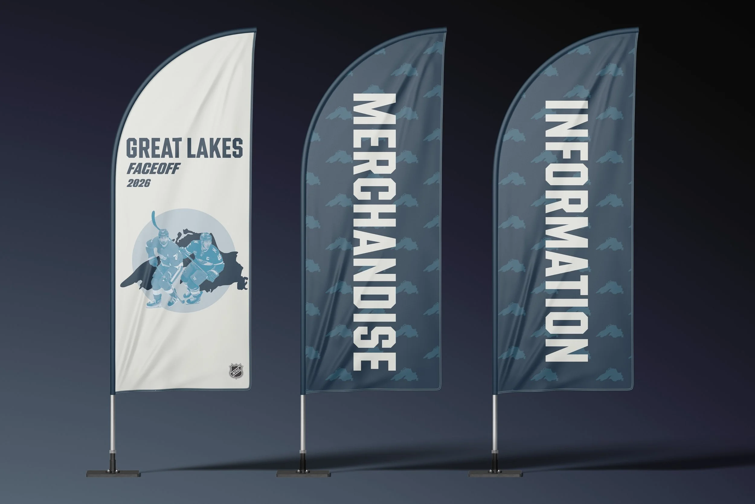 Eight foot flags designed to help attendees navigate the outdoor event.