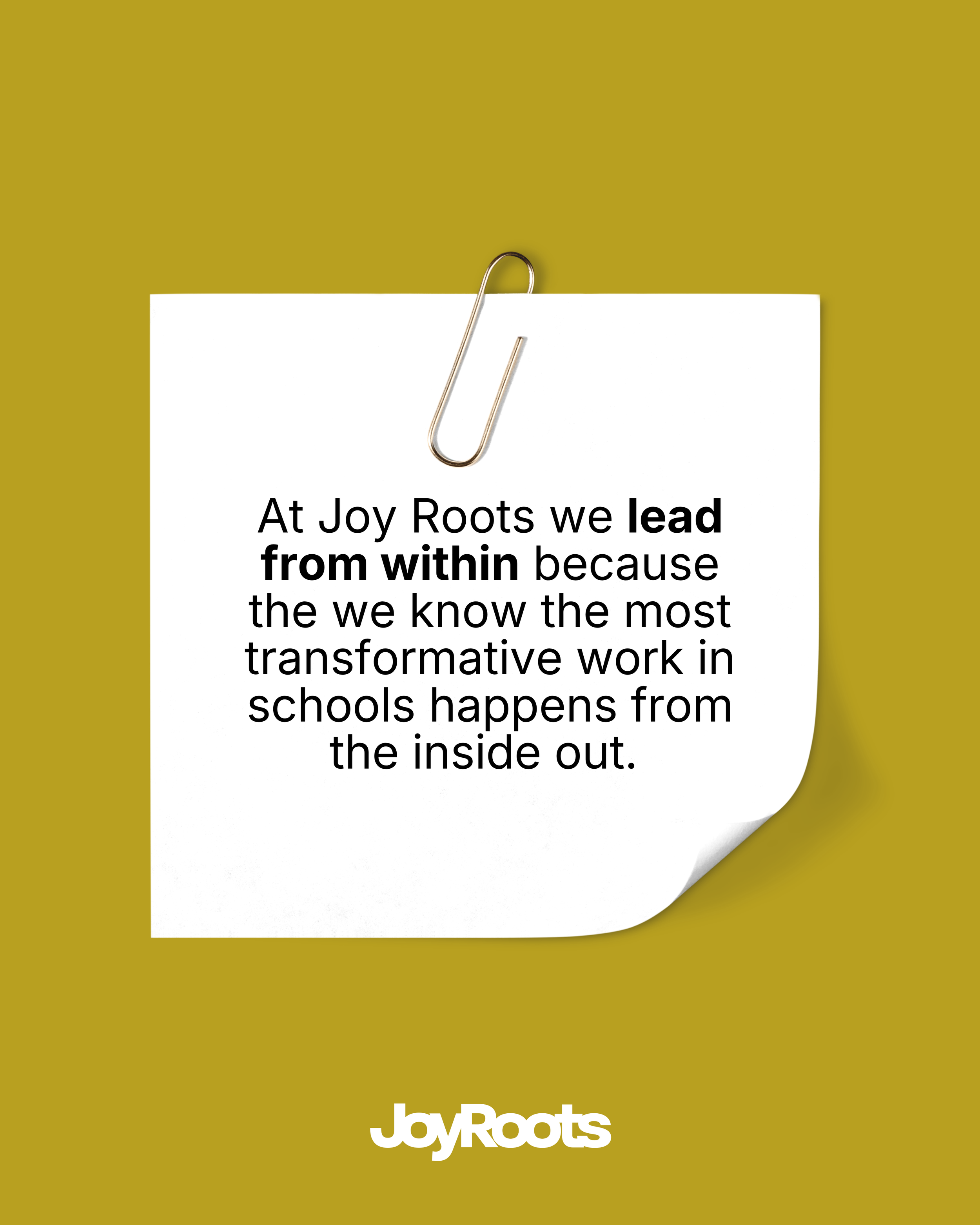 A graphic with green background and a. post it featuring the Joy Roots mission