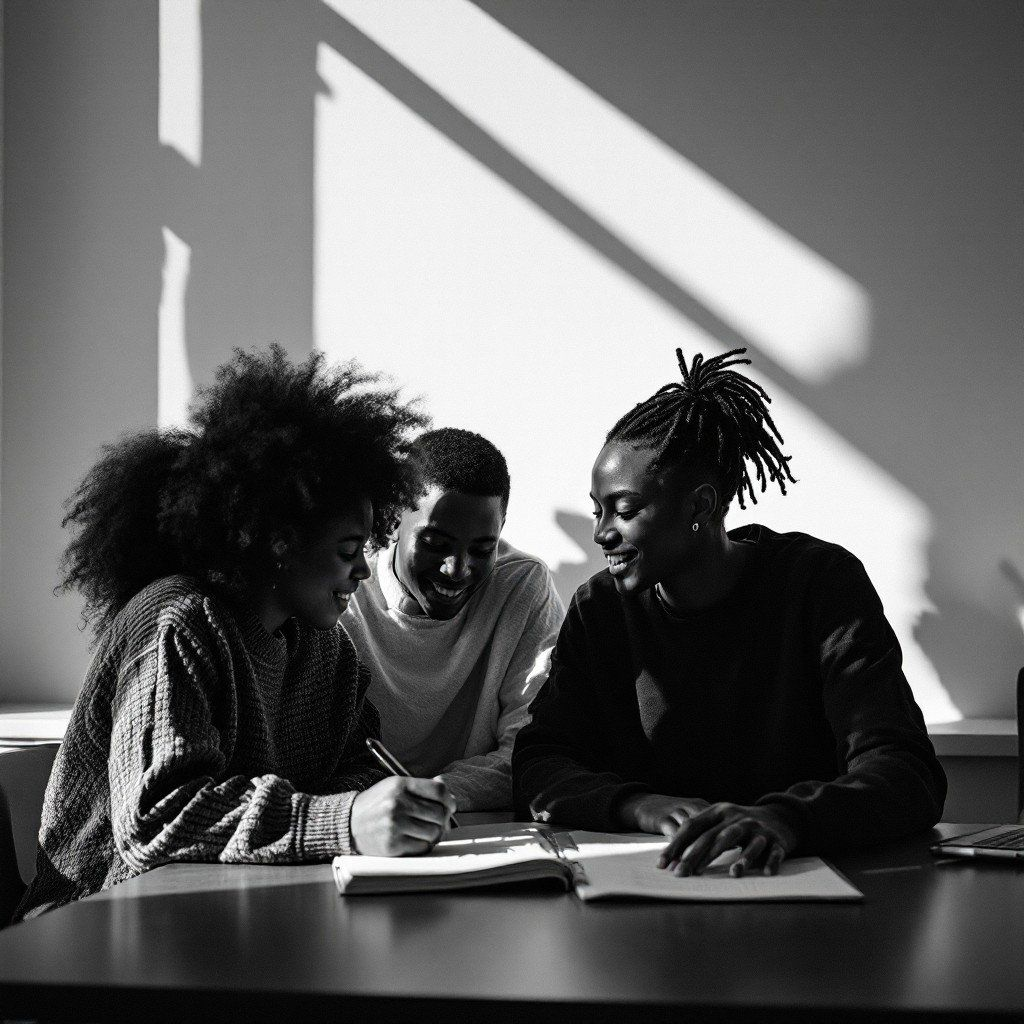 Three young adults sitting at a table, smiling, and working together with notebooks and a pen in a well-lit room.