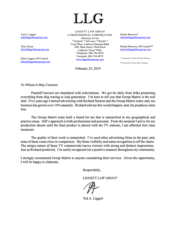 Group Matrix Advertising testimonial and recommendation letter by Liggett Law Group owner/attorney Ted Liggett