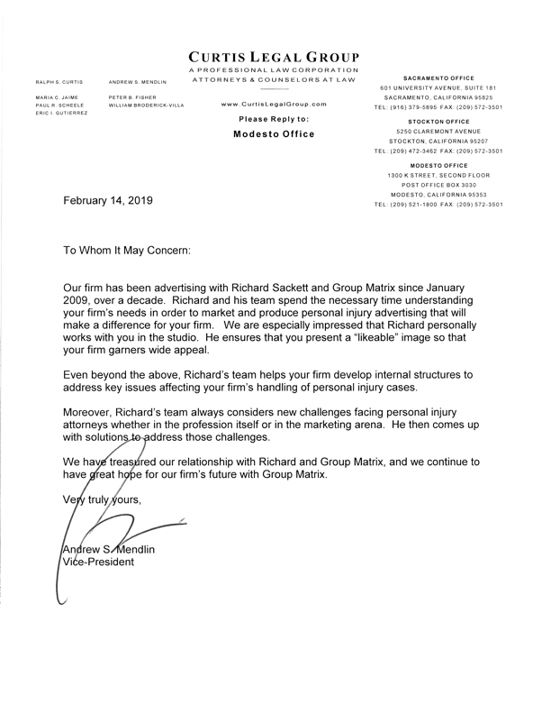 Attorney advertising recommendation letter from Vice President/attorney Andrew Mendlin of Curtis Legal Group