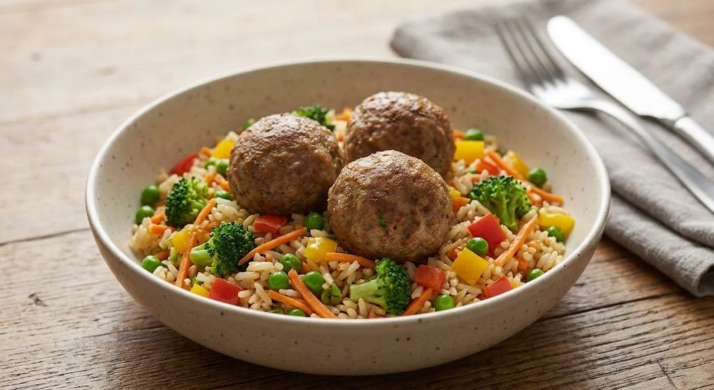 Meatballs On a Bed of Rice and Vegetables