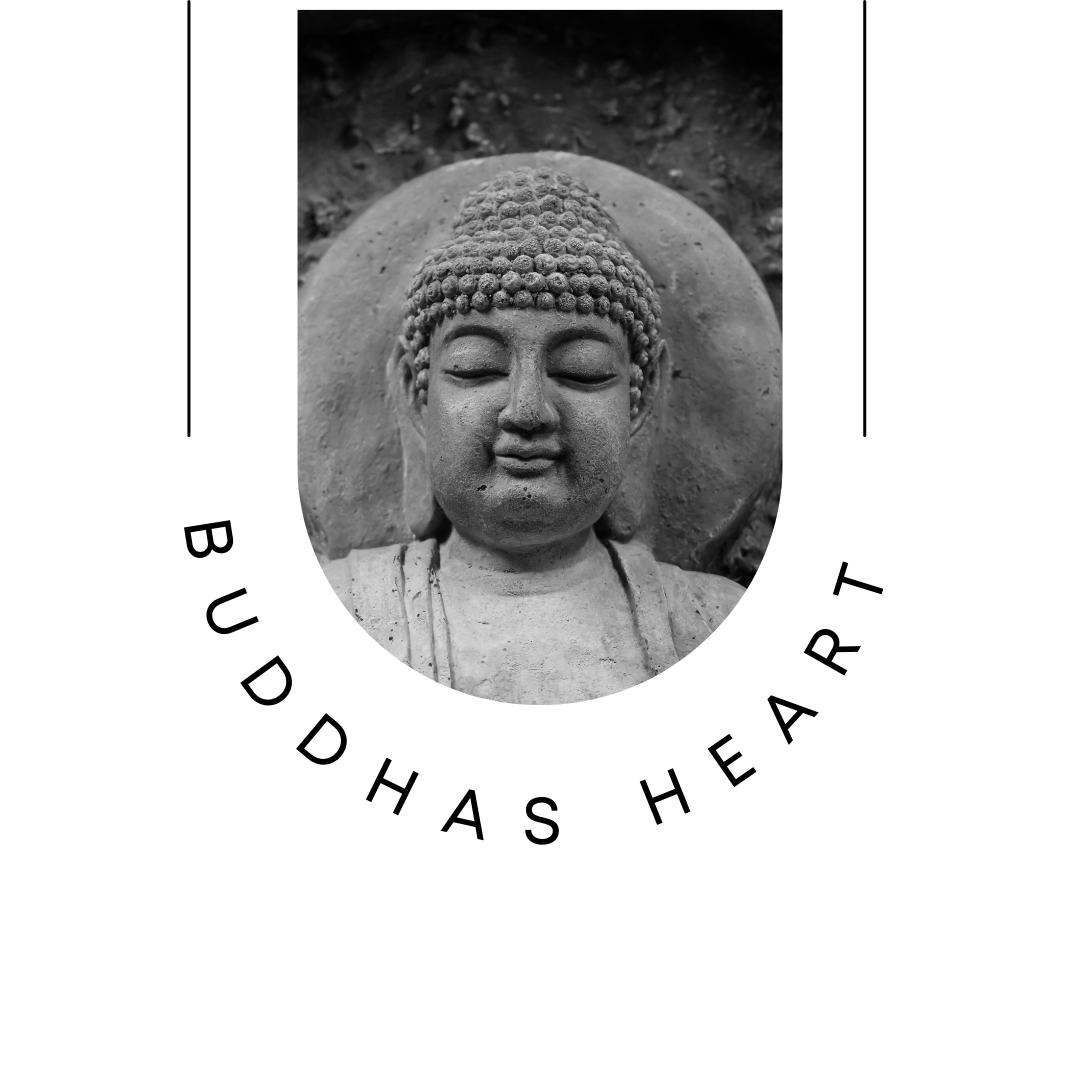 A black and white photo of a Buddha statue with closed eyes, surrounded by the phrase 'Buddhas Heart' written in a semi-circular pattern below.