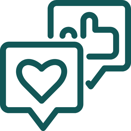 Two overlapping speech bubbles, one with a heart symbol and the other with a thumbs-up symbol, representing social media or communication.