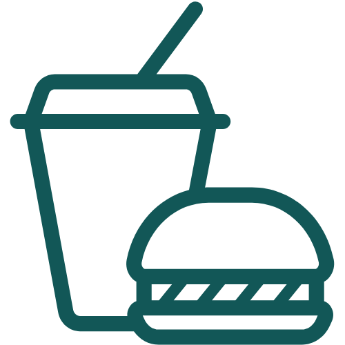 Outline of a soda cup with a straw and a burger in front of it.