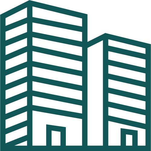 Outline illustration of two high-rise office buildings with multiple floors and windows.