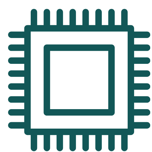 Outline illustration of a computer microchip or processor with a central square and numerous pins extending outward.