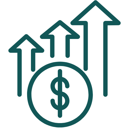 Icon of a dollar sign with upward-pointing arrows indicating financial growth or increase.