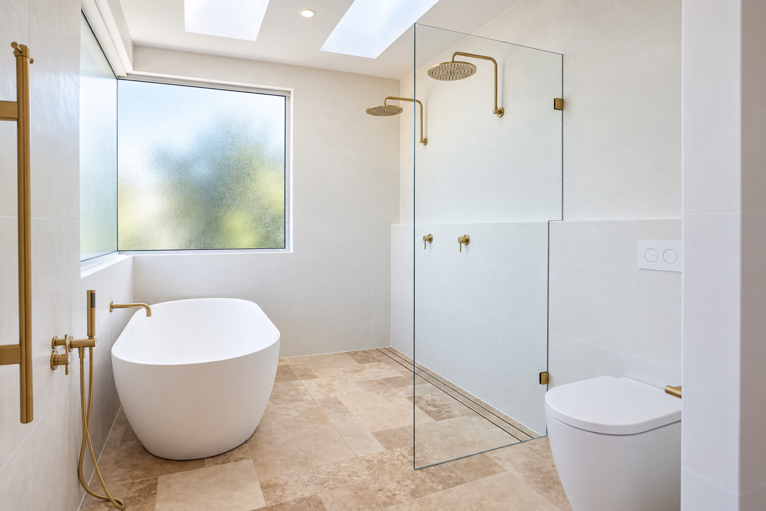 Modern bathroom with freestanding bathtub, glass walk-in shower with two rain shower heads, frosted window, and gold fixtures, including towel bars and toilet paper holder.